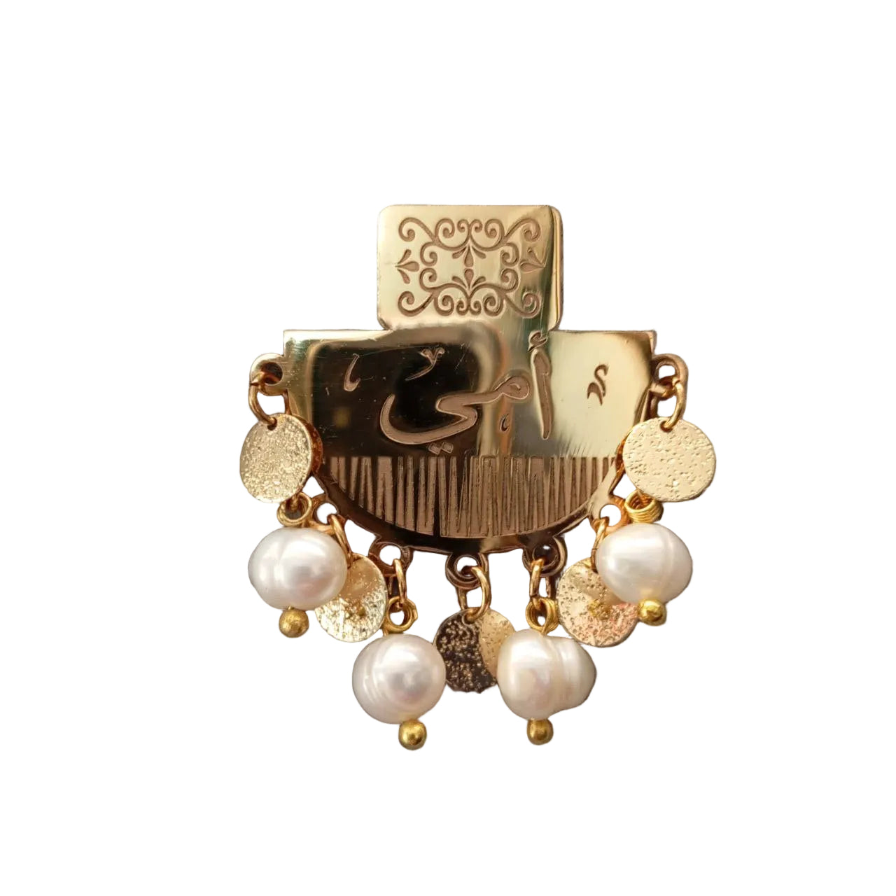 Gold pearl brooch for Mother's Day gift on textured gray background