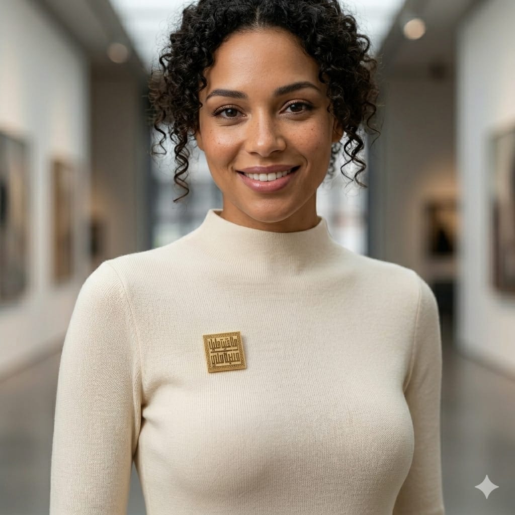 Woman wearing a beige turtleneck sweater with a gold brooch in an indoor setting