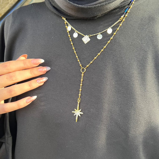 Person wearing a gold necklace with a star pendant on a dark background